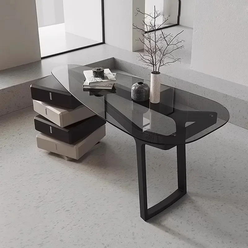 03.Italian minimalist curved glass surface desk light luxury high-end computer minimalist desk