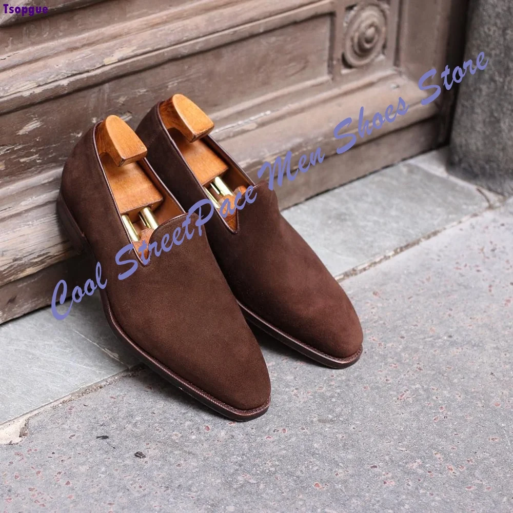 Men Dark Brown Suede Loafers Shoes Square Round Toe Slip‑On Hand‑Stitched Formal Business Casual Dress Shoes Zapatillas Mujer
