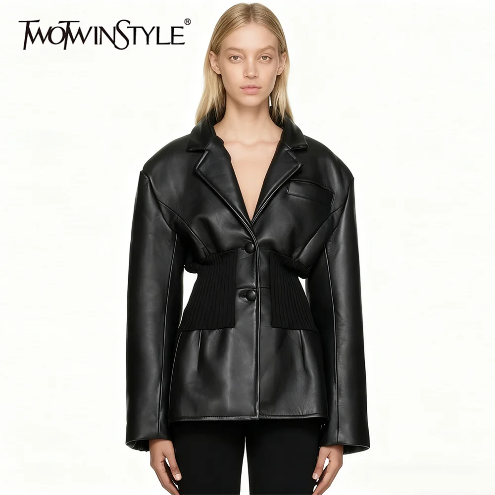 TWOTWINSTYLE Fashion Slimming Spliced Buttons Leather Coats for Women Lapel Long Sleeves Tunic Casual Coat Female Clothing New