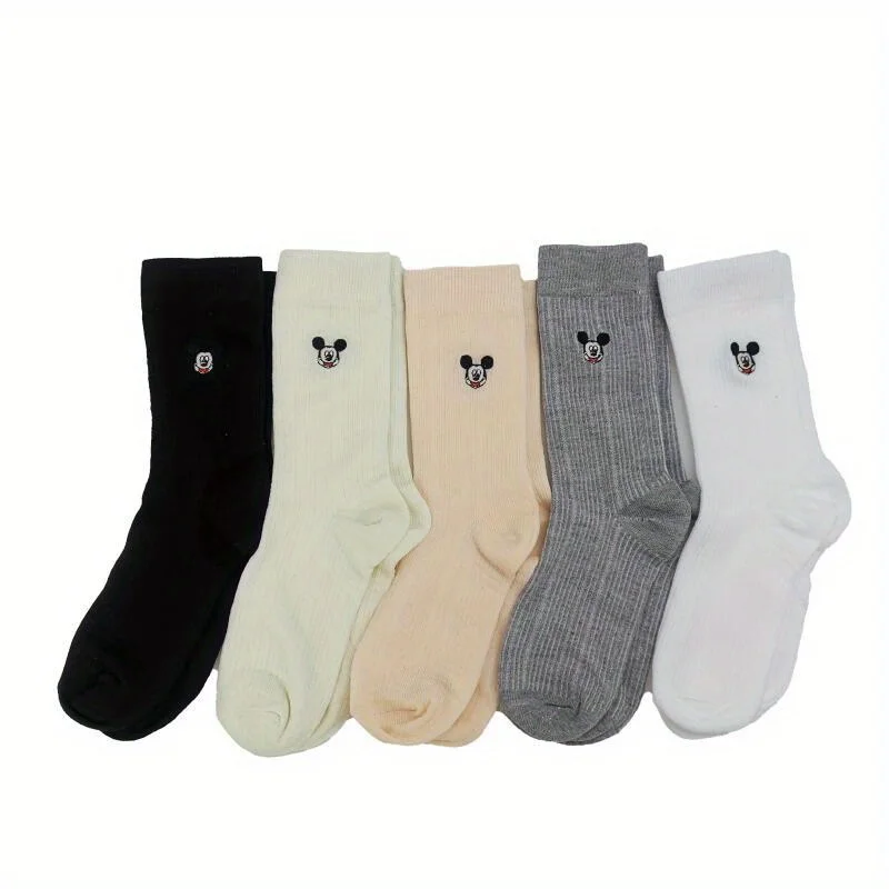 

5pairs Disney New Socks Women's Mickey Embroidered Women's Socks Mid Cap Solid Cotton Men's Socks Couple Universal Mickey Socks