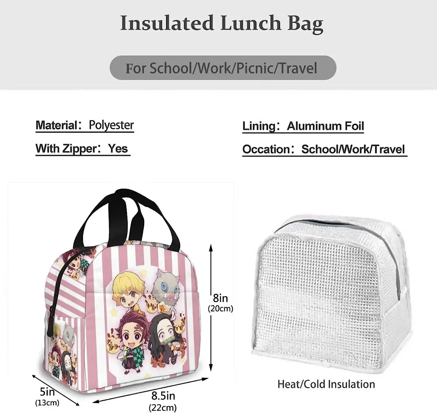 Cute Cartoon Anime Lunch Bag Tote Meal Bag Reusable Insulated Portable Thermal Lunch Box for Women Boys Girls Work School Picnic