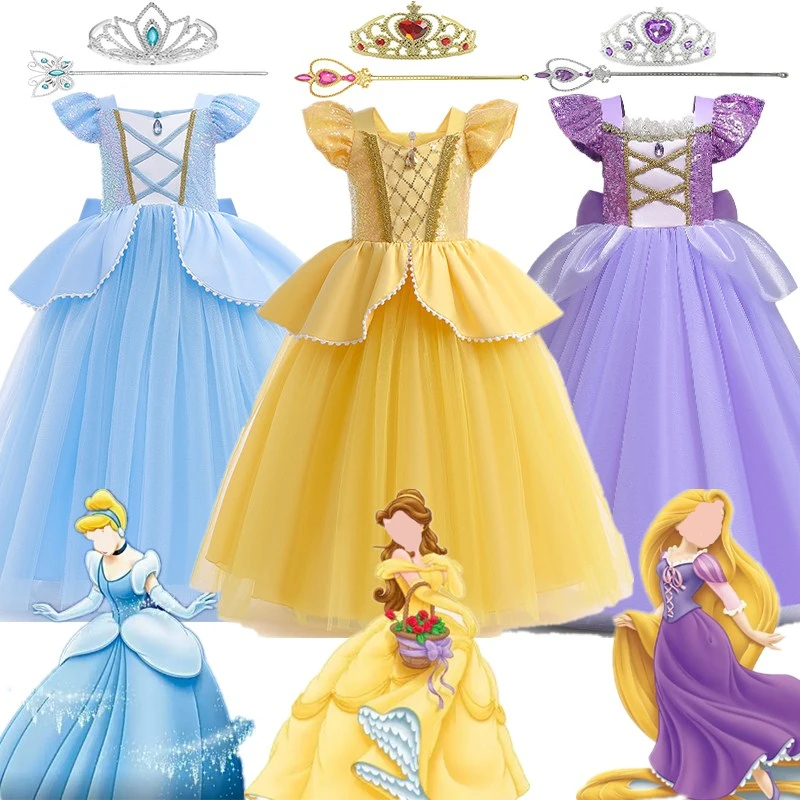 Rapunzel Cinderella Belle Costume for Girls Halloween Disguise Cosplay Princess Dress Baby Christmas Birthday Party Kids Clothes