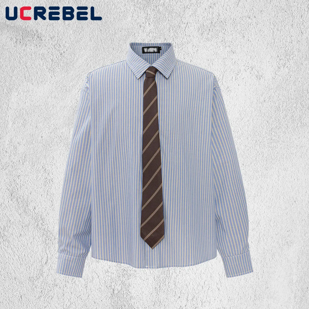 

Retro Vertical Stripes Long Sleeve Shirts Mens Autumn High Street Loose Single Breasted Shirts Man