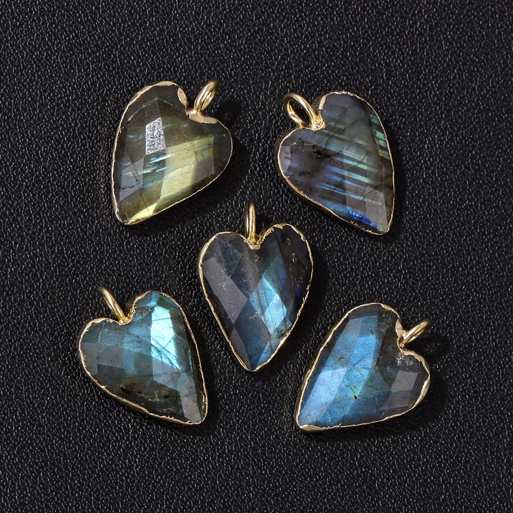 2PCS Shiny Labradorite Stone Pendant Love Heart Natural Rose Quartzs Beads Charms for Jewelry Making DIY Necklace 12x15mm