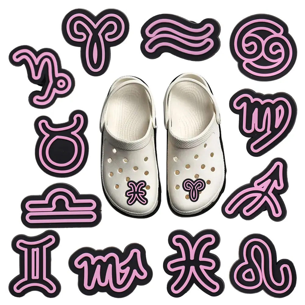 1-12Pcs PVC Twelve Signs of the Zodiac Shoes Charms Buckle Clog Adult Funny Decorations Fit Holiday Gifts