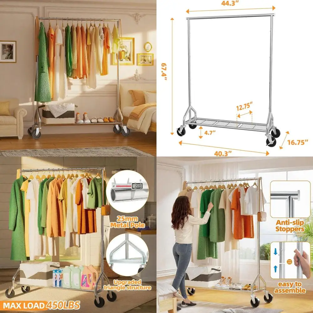 

Портативная усиленная вешалка для одежды на колесиках с полками, грузоподъемность 204 кг, для спальни или коммерческого использования, хромированная отделка