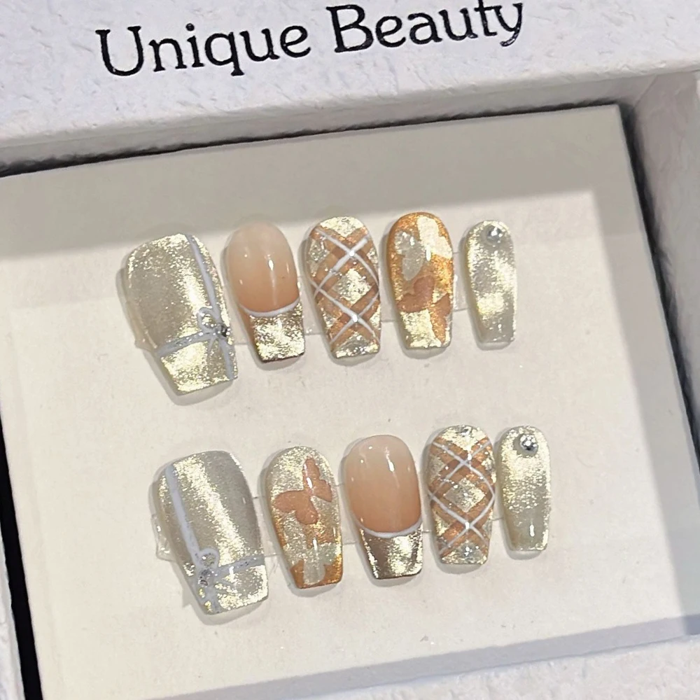 

10 шт., блестящие накладные ногти с бантом и бриллиантами «кошачий глаз», накладные ногти, милый милый гроб, полное покрытие, короткие квадратные накладные ногти, искусство