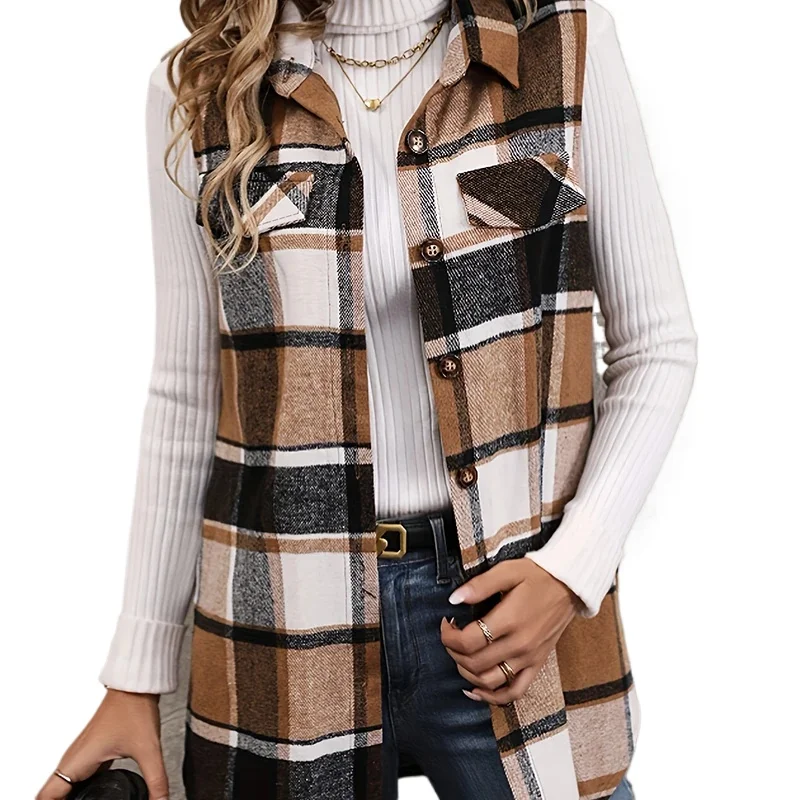 Women 1XL-5XL Plus Size Plaid Print Flap Detail Sleeveless Coat  Casual Button Up Cardigan Top Sleeveless Vest