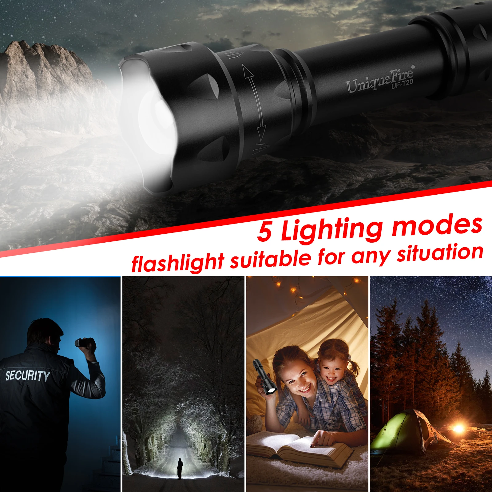 UniqueFrie T20 5 Mode XM-L2 LED Senter Kuat Fokus Zoomable Obor Taktis Portabel Super Terang untuk Petir Luar Ruangan