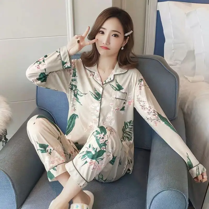 Women\'s Pajamas New Autumn Spring Long Sleeve Sleepwear Set Striped cartoon pyjama Woman Home Nightwear Set Cardigan Plus Size