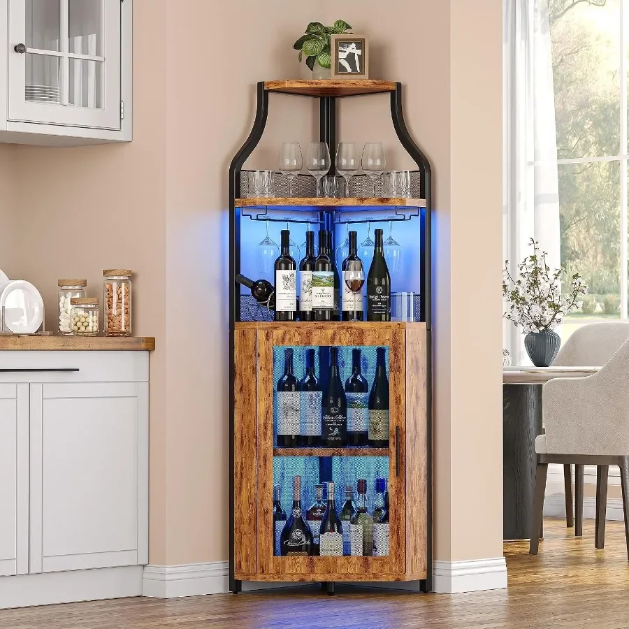 Corner Bar Cabinet for Home Use, MDF Wood in Walnut Finish, LED Lighting 5-Tier Wine Rack with Smooth Sliding Doors view 4