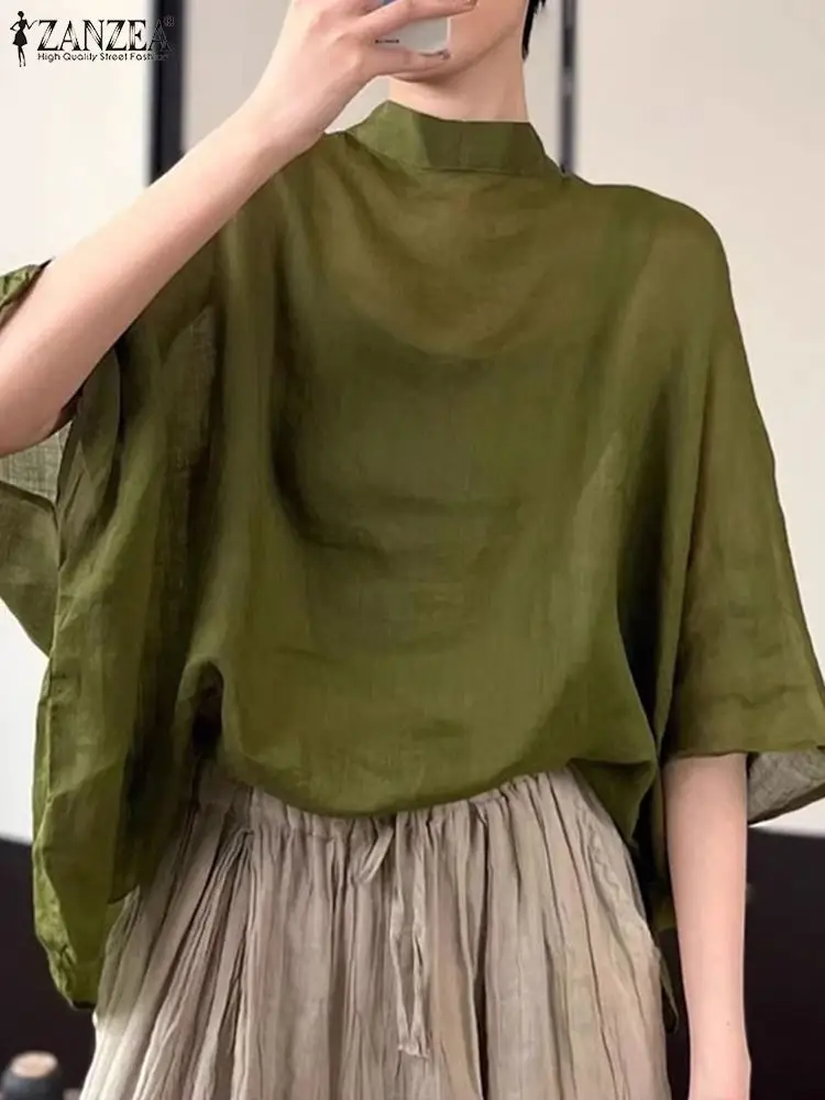 ZANZEA 2024 Summer Stand Collar Tunic Women 3/4 Bat Sleeve Blouse Oversized Asymmetrical Tops Casual Loose Transparent Thin Tops