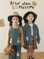 Girl's Little Bear 2024 Autumn Delicate Plaid Pleated Skirt Retro Denim Jacket Multi Piece Set