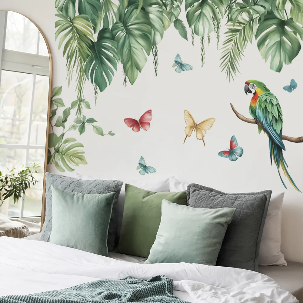 Palm Leaf Green Plant Parrot Butterfly Wall Sticker Tropical Plant Leaves Decals for Living Room Bedroom Home Wall Decoration