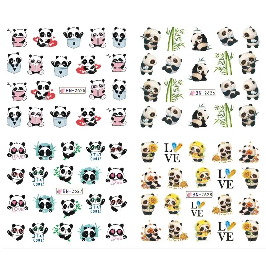 12 Designs Kawaii Panda Nail Art Stickers Cute Bamboo Bear Nail Water Decals Sliders Transfer Tattoos for Manicure Decorations