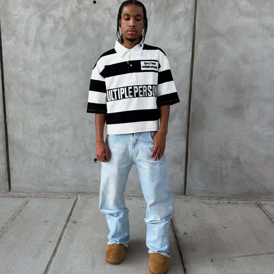 Amerikanisches Poloshirt im Street-Style, schwarz, weiß, Patchwork, lockere kurze Ärmel