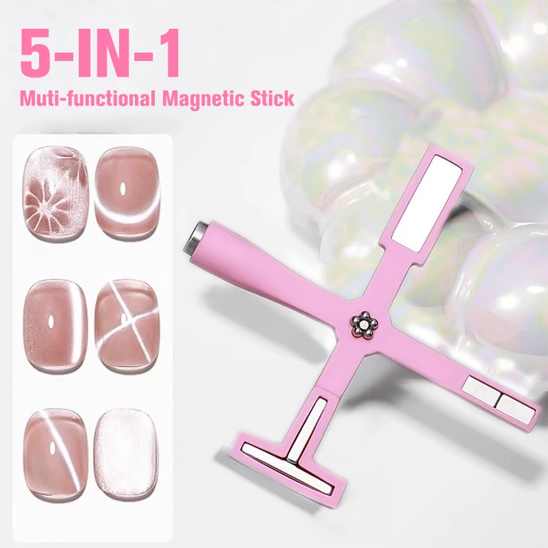 

5 IN 1 Pink Cat Eye Magnet Tools Single Double Head Stick Curved Line Strip 3D Designs For Polish Gel Nail Art Nails Tools