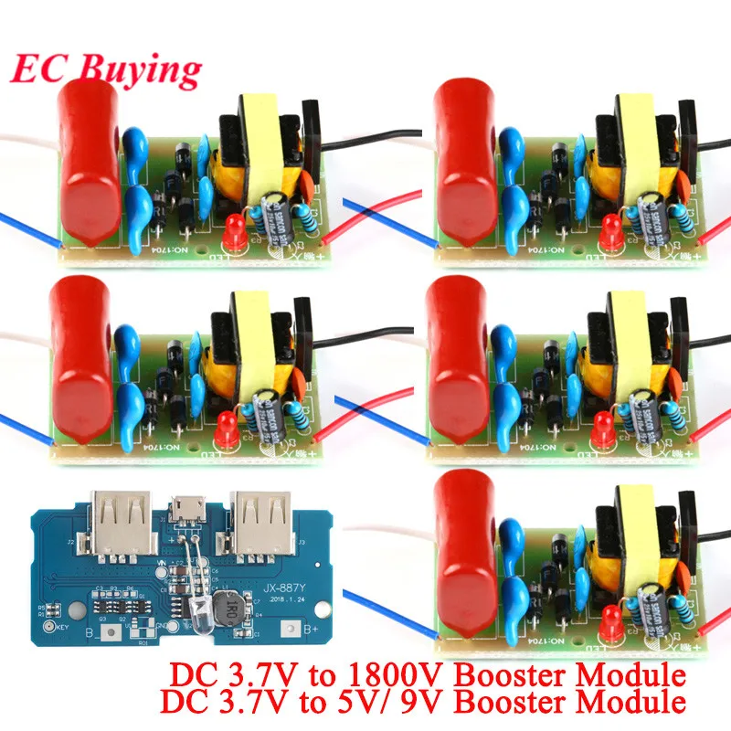5pcs/1pc DC 3.7V to 1800V Booster Step Up Module Arc Pulse DC Motor with High Voltage Capacitors 3.7 to 5V 9V Power Supply Board