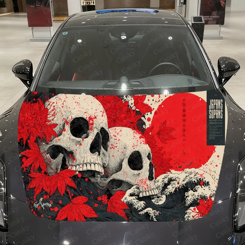 

Great Wave Style Skeleton Car Vinyl Wrap, PVC Waterproof Car Hood Sticker, Self-Adhesive Scratch-Resistant Stickers