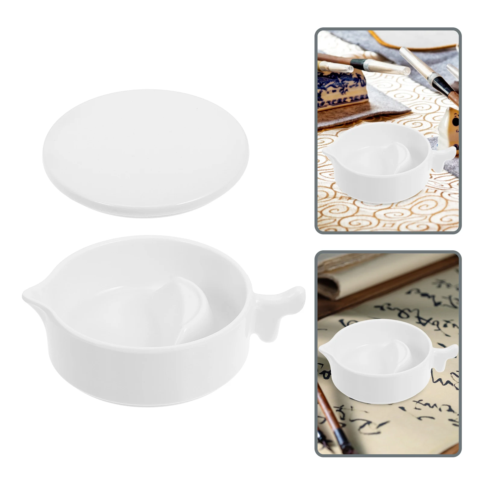 

4Inch Durable Calligraphy Inkstone With Lid Shatterproof Grinding Dish Portable Sumi Tray Water Dropper Container
