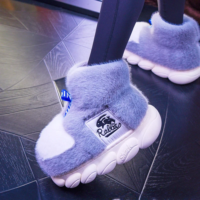 Women Winter Warm Shoes 2024 Plush Lining Indoor Cotton Slippers Couple Platform High Top Snow Boots Female Male Home Slipper