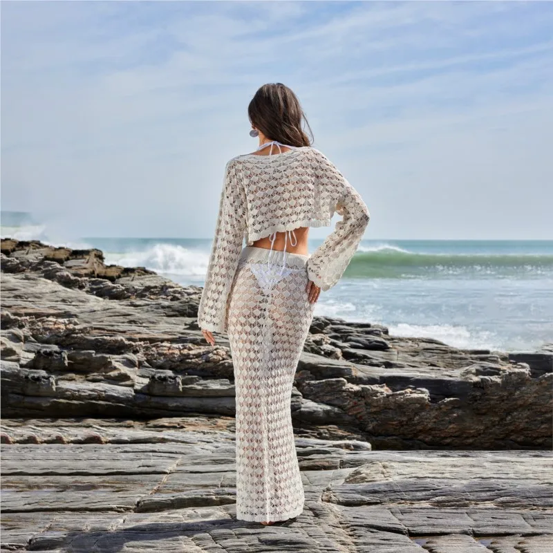 2025 Women's Sexy Knit Cut Out Bell Sleeve Short Top Long Skirt 2 Piece Summer Holiday Casual Solid Set Swimwear Cover Up