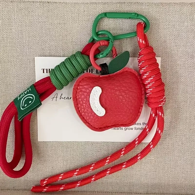 Green Apple Theme Bag Charm With Woven Nylon Rope Pendant Fashionable Keychain For Women Hanging