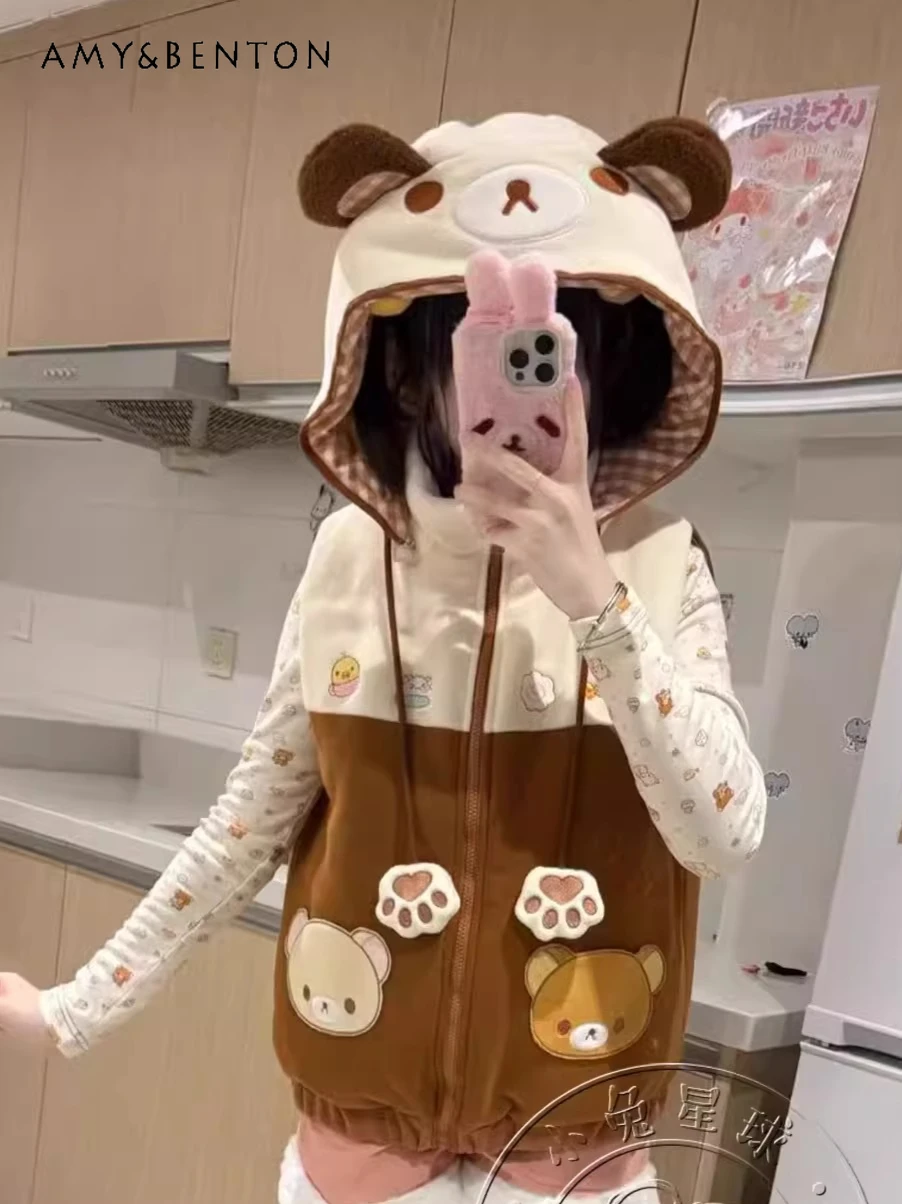 

Kawaii Girl Cartoon Print Hooded Reversible Vest Plush Warm Autumn Winter Loose Fleece Spliced Color Sleeveless Vest for Women