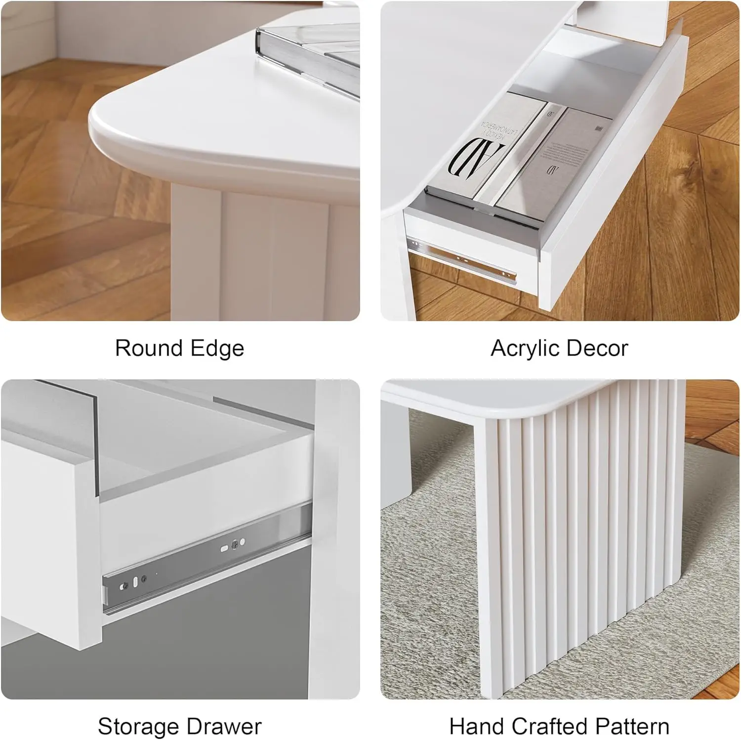 مجموعة طاولات القهوة الحديثة المكونة من قطعتين - خشب هندسي أبيض مع درج تخزين، نمط شريطي عمودي \u0026 زوايا مستديرة #4