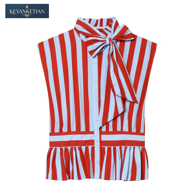 KEYANKETIAN 2026 Summer French Elegant Striped Top Blouse Form-Fitting Neck Bow Tie, Button Front & Peplum Hem Sleeveless Shirt