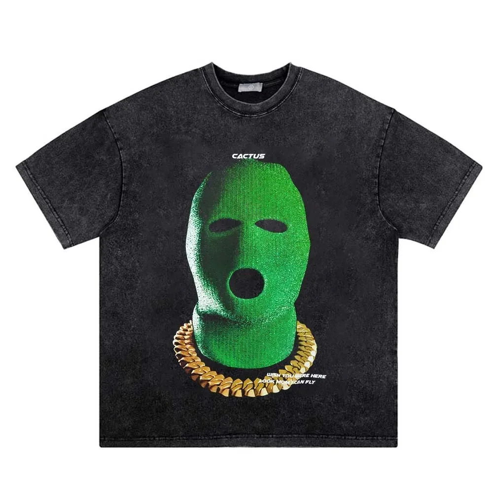 Overs ize Distressed T-Shirt Männer Streetwear Hip Hop Vintage grüne Kapuze Gangster gedruckt