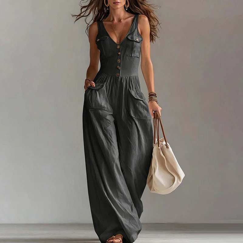 

New Summer Sleeveless V Neck Wide Leg Jumpsuit Women Elegant Solid Color High Waist Women Romper Female Playsuits Overalls