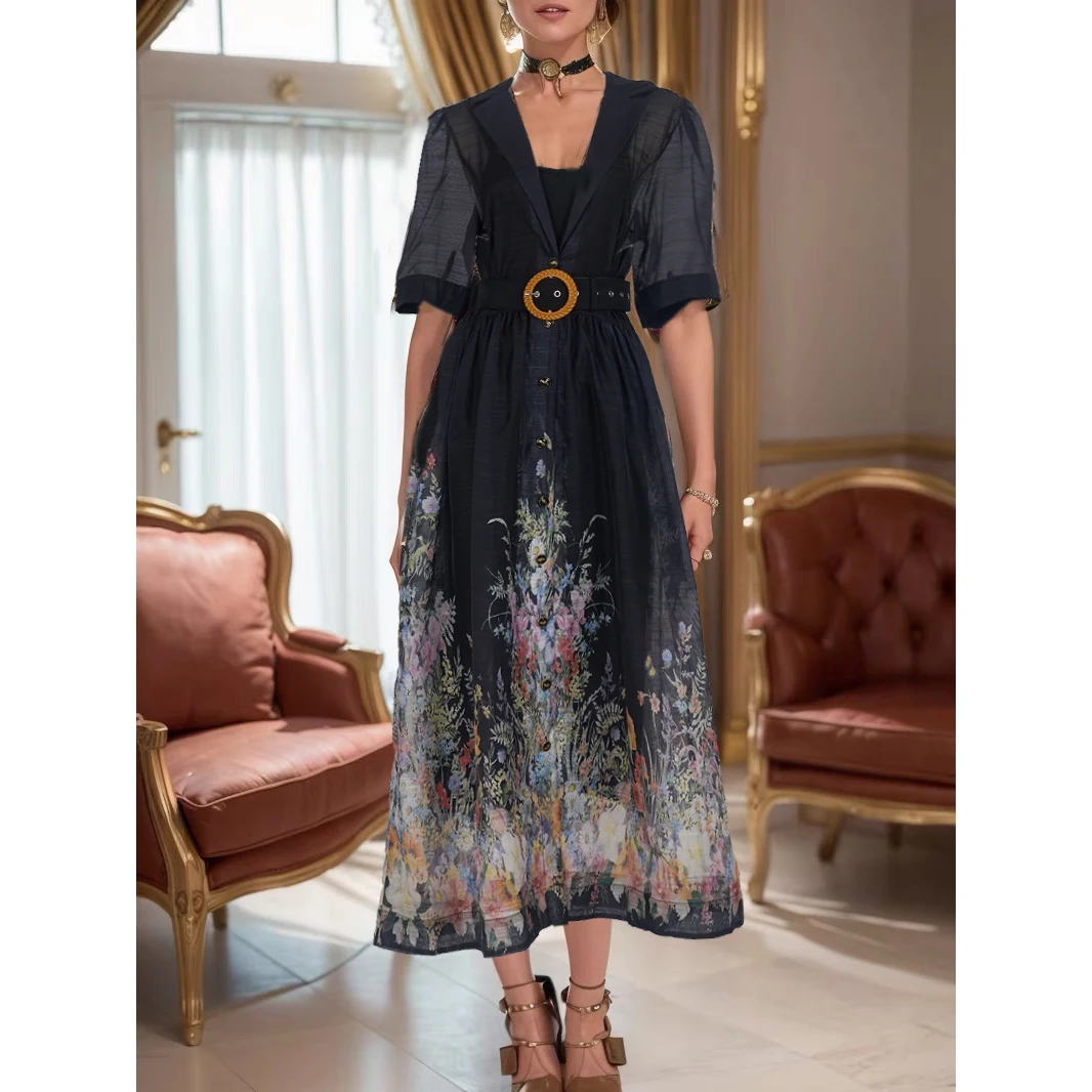 Ele Bloemenprint ort Sve Midi Dr met riem en riem Grote zoom Design Woon-werk Sle Polyestervezel Lente Herfst