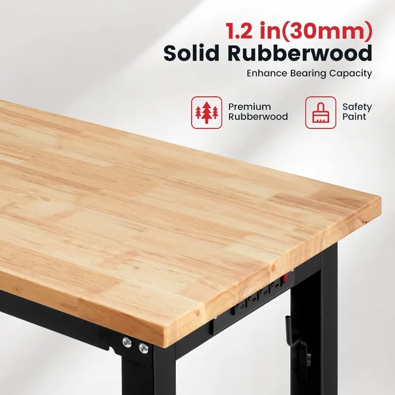 60 Inch Workbench for Garage Adjustable Height Work Bench with Pegboard Power Outlets Rubber Wood Tabletop Work Table