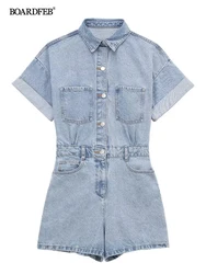 2023 Women Denim Jumpsuits Casual Tops One Piece Outfit Solid Color Fashionable Simple Comfortable Cotton Linen Loose Shorts