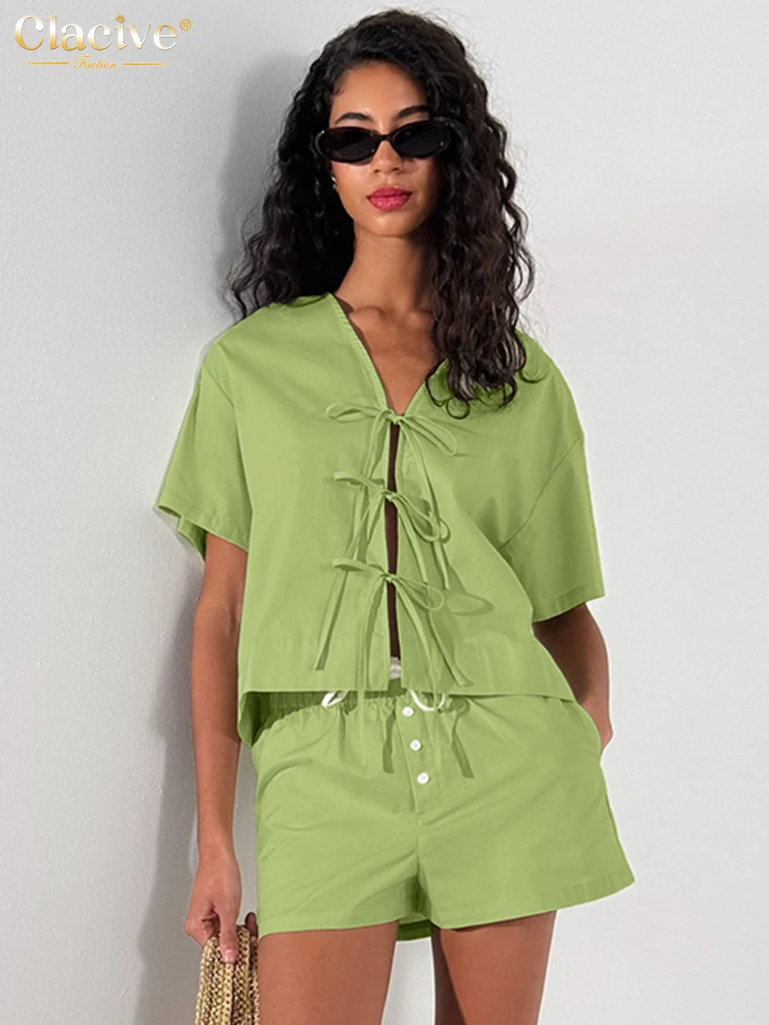 Clacive ฤดูร้อนหลวมผ้าฝ้ายสีเขียว 2 ชิ้นชุดผู้หญิงแฟชั่นเสื้อแขนสั้นเอวสูงชุดสั้นหญิง Streetwear