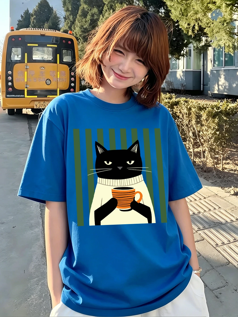 Schwarze Katze Kaffeetassen-Druck Baumwoll-T-Shirts Damen Sommer Oversized Tops Lässige Weiche Kurzarm-T-Shirts Basic O-Ausschnitt Kleidung – Detail 28