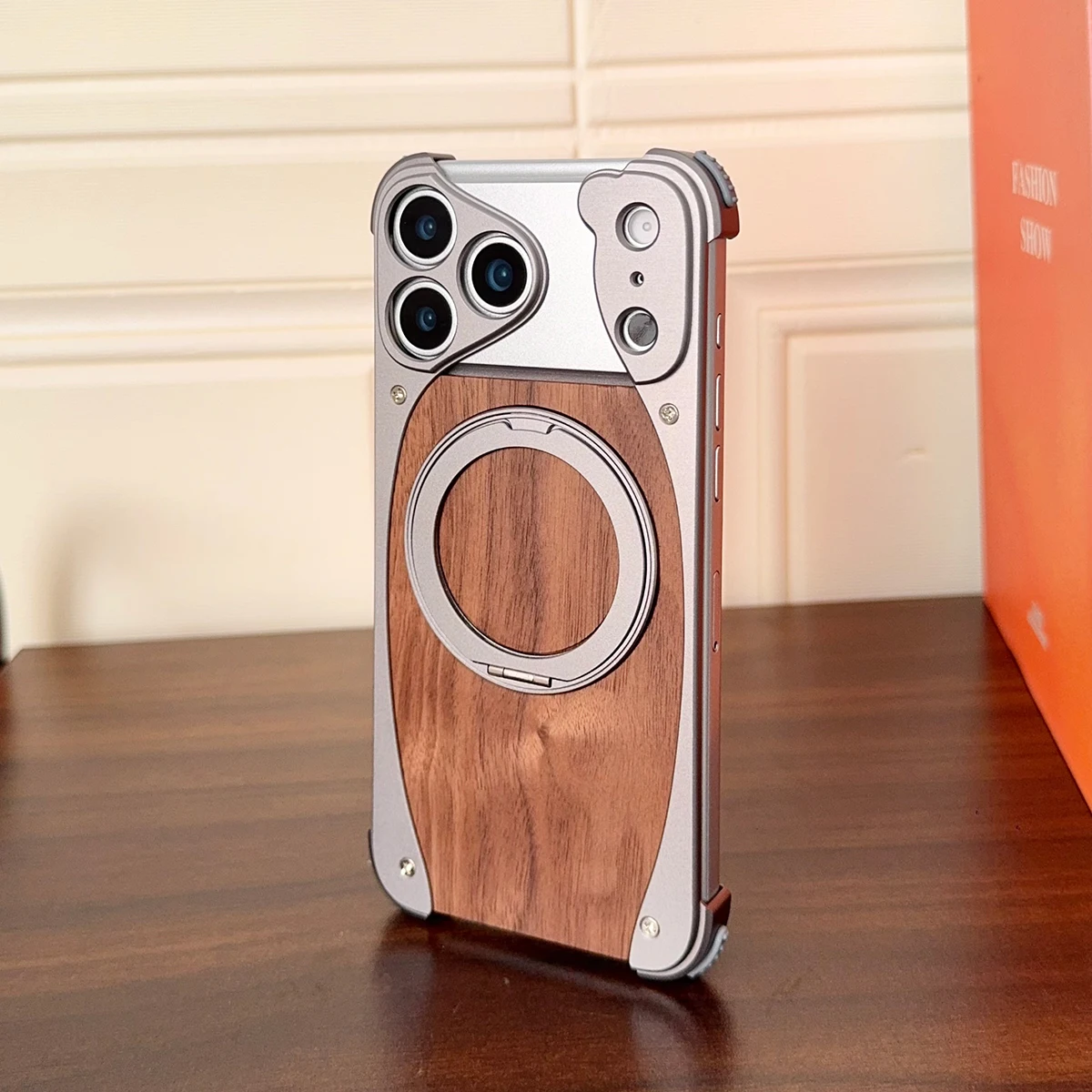 Aluminum Magnetic Wooden Case for iPhone 18 17 Pro Max 18 17 Pro Cover Walnut Real Wood Mag-safe Free Rotation Stand Shell