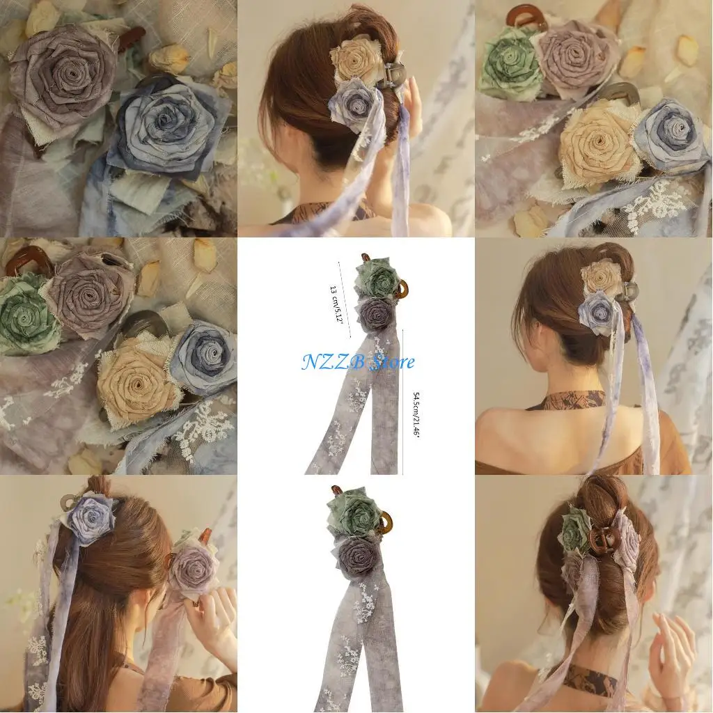 

T21F Vintage Long Ribbon Flower Hair Claw for Woman Flower Decors Hair Clip Chinese Hanfu Hair Accessories
