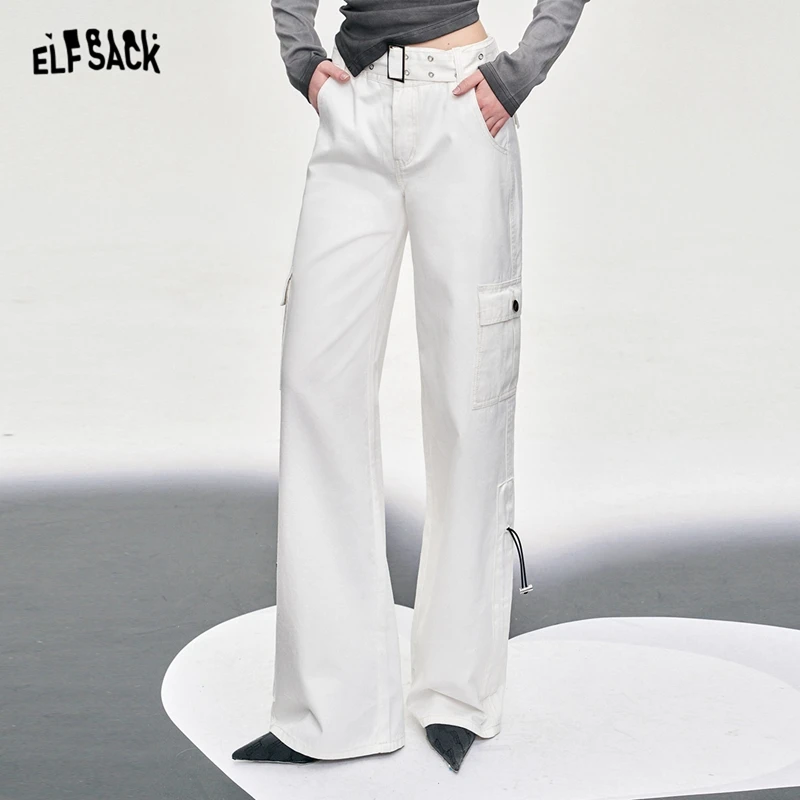 

ELFSACK white workwear style wide leg pants for women versatile loose thin 2024 new long straight long pants