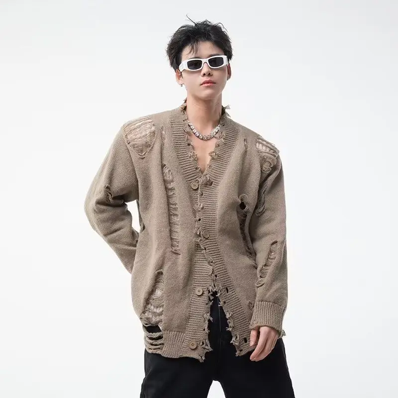 

Ripped cardigan sweater autumn and winter loose design niche retro knitted sweater jacket 2025 trendy men autumn and winter