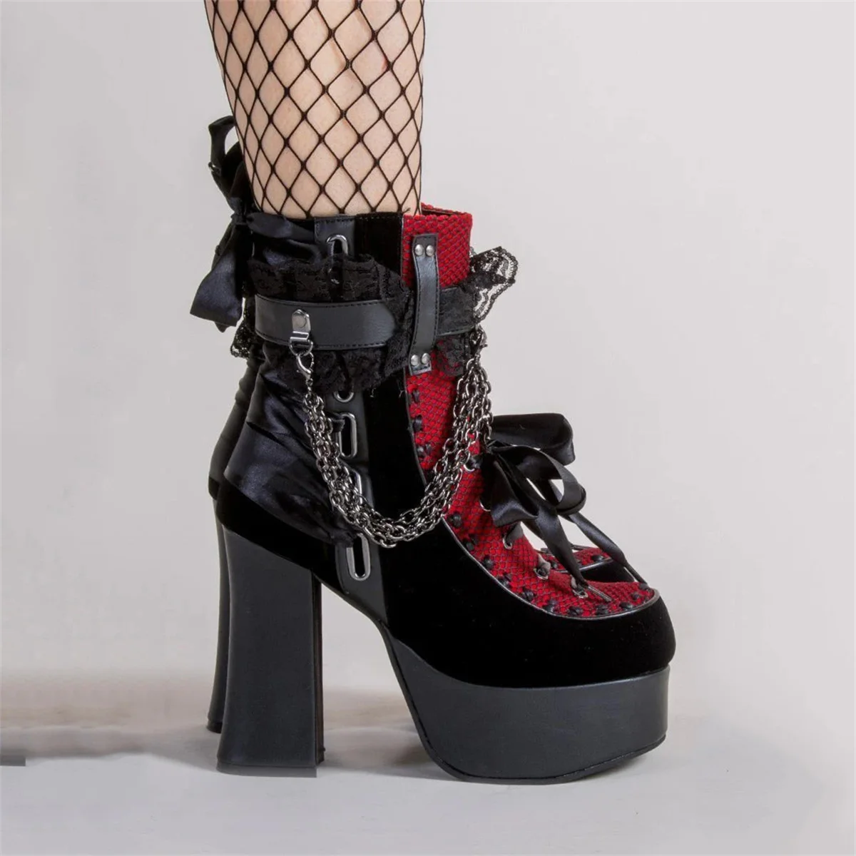 Französisch Gothic Cosplay Mädchen Schuhe dunklen runden Kopf dicken Boden Spitze Bowknot Mesh Schnür riemen Vintage Kette 8cm High Heel Schuhe