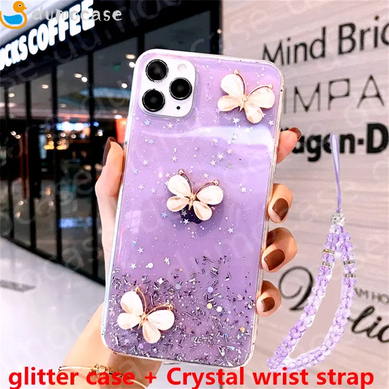 

Butterfly Case for Realme C21 C20 C7 C12 C15 C11 X50 X7 8 7 6 Pro OPPO A15 A55 A93 A72 A53 Glitter Crystal Lanyard Soft Cover