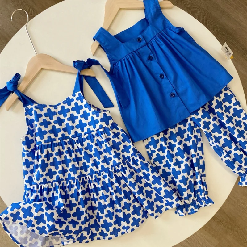 

2025Summer Girl's Fashionable Blue Clover Princess Anti Mosquito Pants+Sleeveless Vest Two-Piece Set