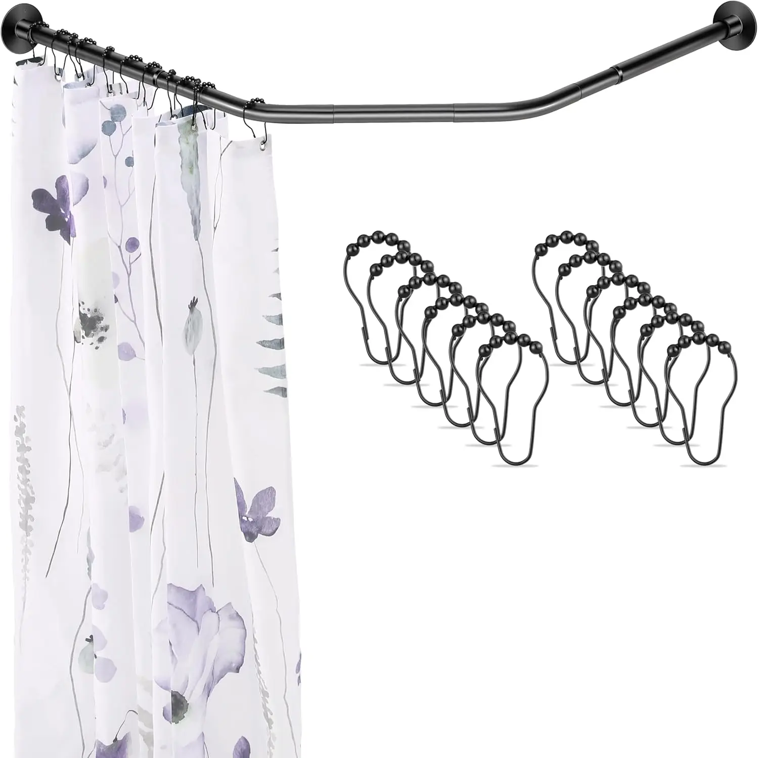 

Adjustable Black Corner Shower Curtain Rod with 12 Hooks, 31-41 Inch Diamond