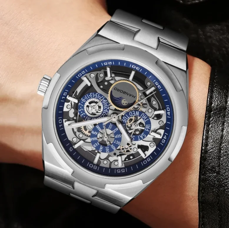 HANBORO Men Automatic Watch 42mm Mechanical Wristwatch Muliti Skeleton Dial 50M Waterproof Luminous Month Week Date Night-Day