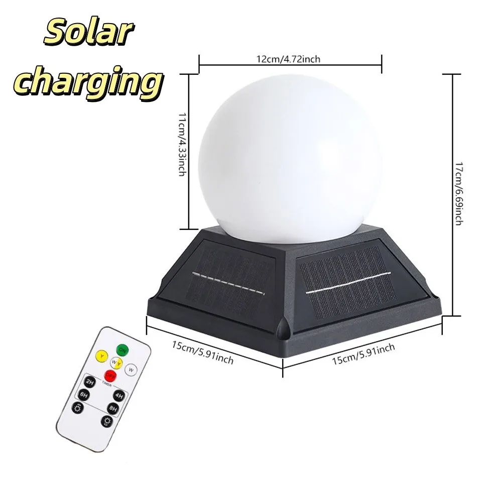 Remote Round Ball Solar Post Light IP65 Waterproof Timer Solar Lamp Remote Control 2400mAh Battery Solar Pillar Lamp Patio