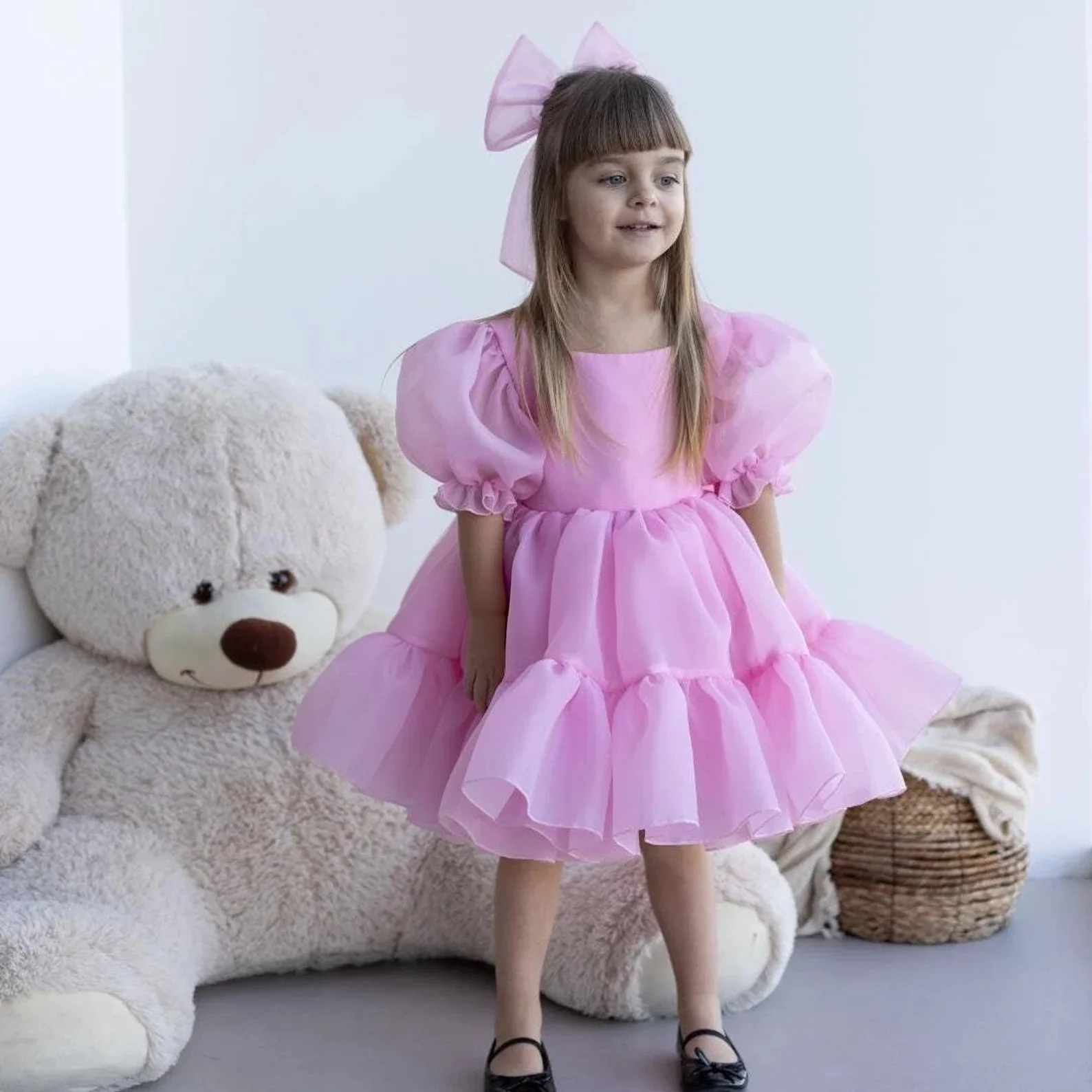 Custom Light Luxury Dress Women Wedding Guest Gown Girls Wedding Gown Birthday Party Pageant Runway Puff Sleeve Ruffle Tulle