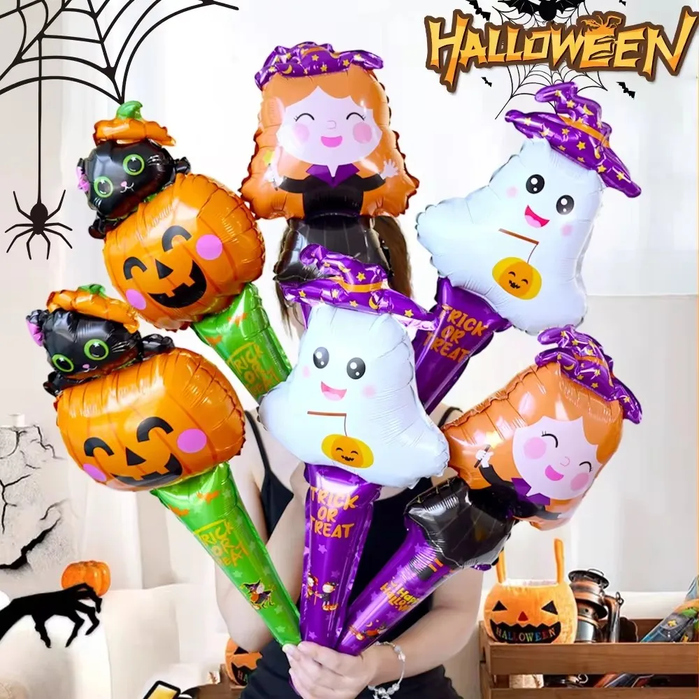 

10PCS Halloween Handheld Stick Balloon Witch Pumpkin Ghost Inflatable Foil Balloons Kids Toys Halloween Party Decorations