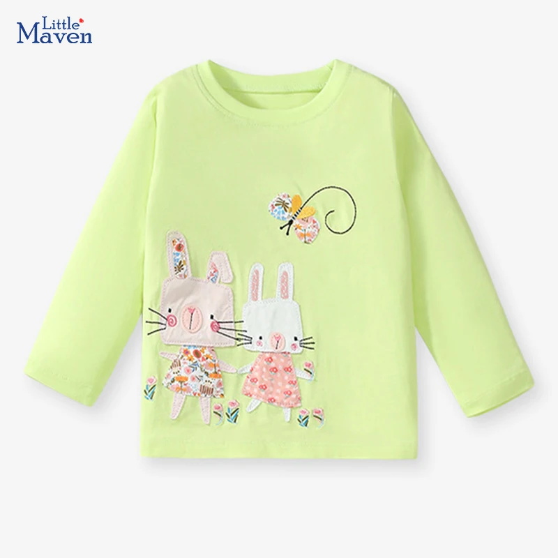 Little Maven 2024 Autumn Spring Tops Kids Clothes Children\'s Clothing Baby Girls Embroidered Cartoon Rabbits T-shirts Cotton